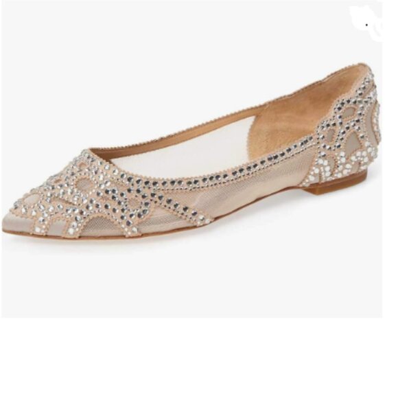 XYD Nude Pointed Toe Rhinestone Flats Mesh Slip-on Crystals Wedding Bride Shoes - Picture 1 of 8